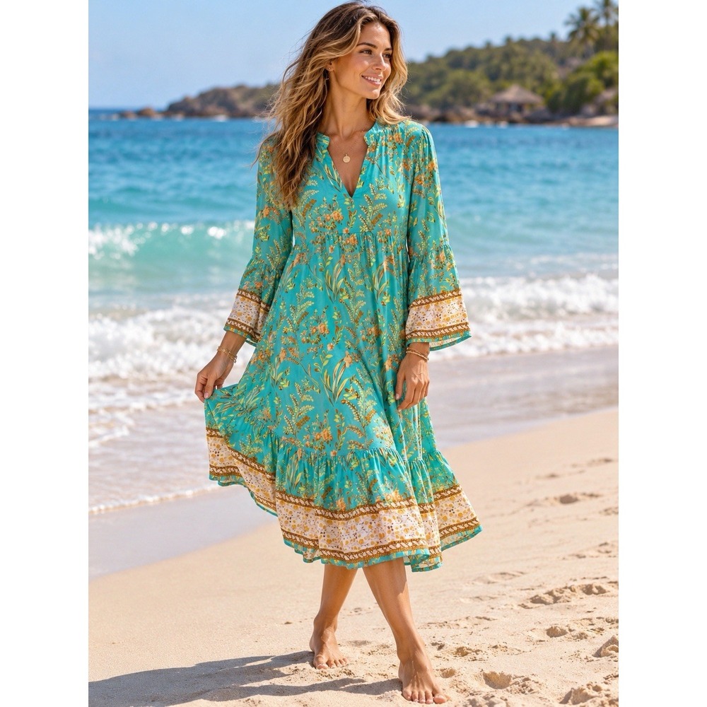 Turquoise Floral V Nk Bell Slv Midi Peasant Dress~12~ Ruffle Hem Prairie Cottage